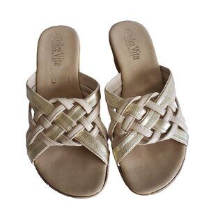 Dolce Vita Woman's Size 38 (7.5) Gold and Tan Slide On Wedge Sandal 2 " heel